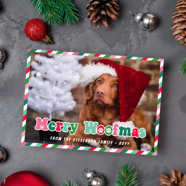 Pink Green Red Retro Merry Woofmas Dog Christmas Holiday Card (Creator Uploaded)