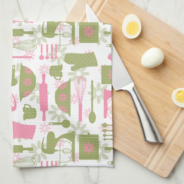 Pink Green Retro Baking  Tea Towel (Quarter Fold)