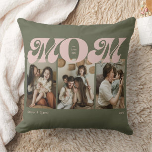 Pink Green Retro Bold Mom 3 Photo Collage Cushion
