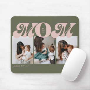 Pink Green Retro Bold Mom 3 Photo Collage Mouse Pad