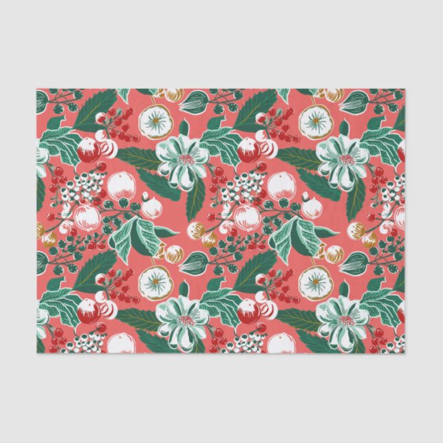 Pink Green Retro Floral Christmas Tissue Paper (Front)