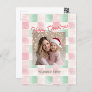 Pink Green Retro Pattern Photo Christmas Postcard