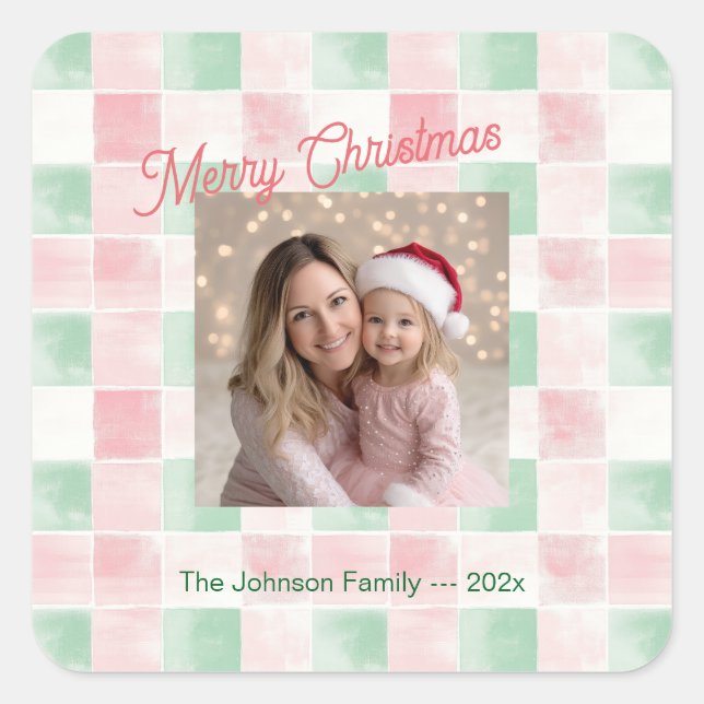 Pink Green Retro Photo Christmas Square Sticker (Front)