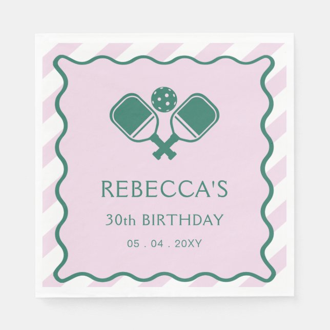 Pink Green Retro Pickleball 30th Birthday Napkin (Front)