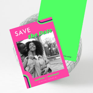 Pink & Green Retro Rainbow Wedding Save The Date