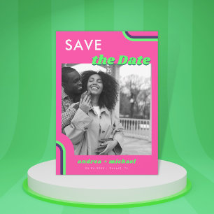Pink & Green Retro Rainbow Wedding Save The Date