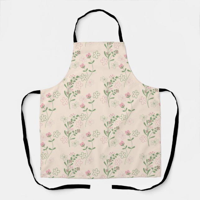 Pink Green Retro Y2K 70s Flower Pattern Apron (Front)