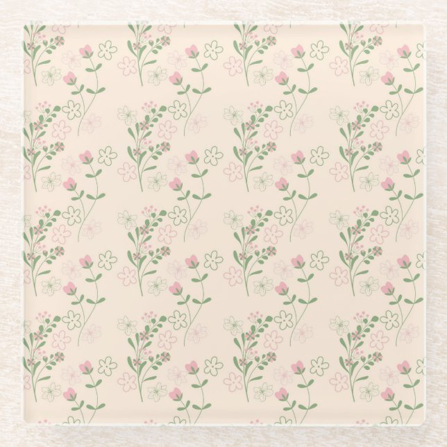 Pink Green Retro Y2K 70s Flower Pattern Glass Coaster (Front)