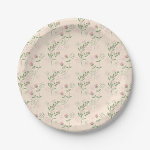 Pink Green Retro Y2K 70s Flower Pattern Paper Plate