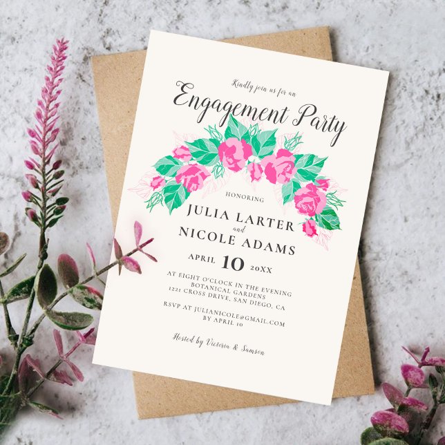 Pink Green Rose Flowers Garden Engagement Party Invitation (Creator Uploaded)