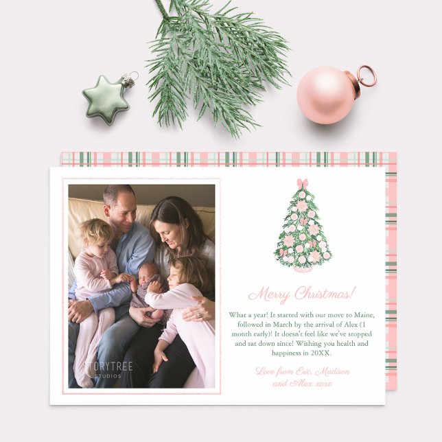 Pink Green Rose Gold Maximalist Merry Christmas Foil Holiday Card (The More The Merrier, literally! Pink and Green Chinoiserie family photo Christmas Holidays Card)