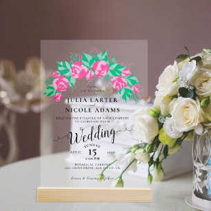 Pink Green Rose Petals Flowers Garden Wedding Acrylic Invitations