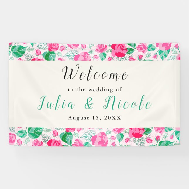 Pink Green Rose Petals Flowers Garden Wedding Banner (Horizontal)