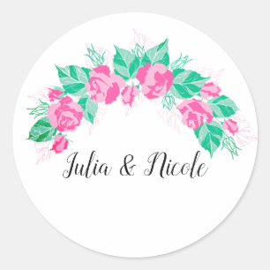 Pink Green Rose Petals Flowers Garden Wedding Classic Round Sticker