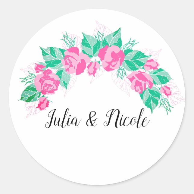 Pink Green Rose Petals Flowers Garden Wedding Classic Round Sticker (Front)