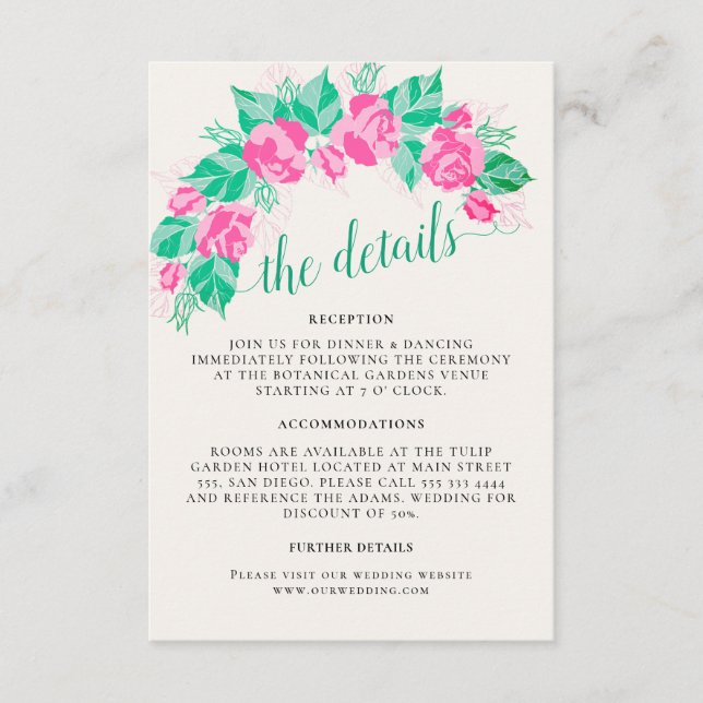 Pink Green Rose Petals Flowers Garden Wedding Enclosure Card (Front)
