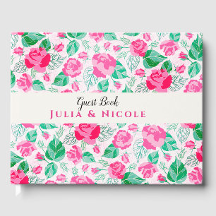 Pink Green Rose Petals Flowers Garden Wedding Guest Book