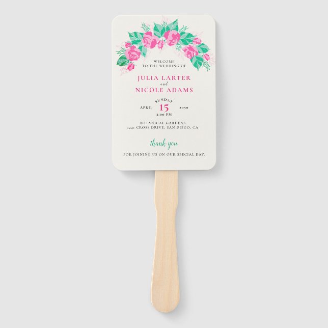 Pink Green Rose Petals Flowers Garden Wedding Hand Fan (Front)