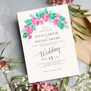 Pink Green Rose Petals Flowers Garden Wedding Invitation