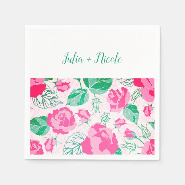Pink Green Rose Petals Flowers Garden Wedding Napkin (Front)