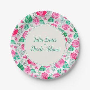 Pink Green Rose Petals Flowers Garden Wedding Paper Plate