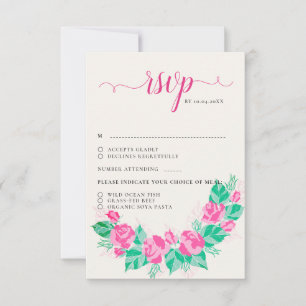 Pink Green Rose Petals Flowers Garden Wedding RSVP Card