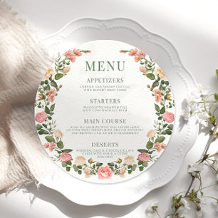 Pink green roses floral round Menu Card Plate