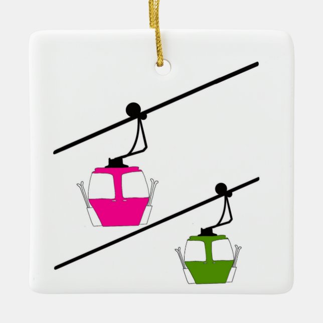 Pink & green ski gondolas ceramic ornament (Front)