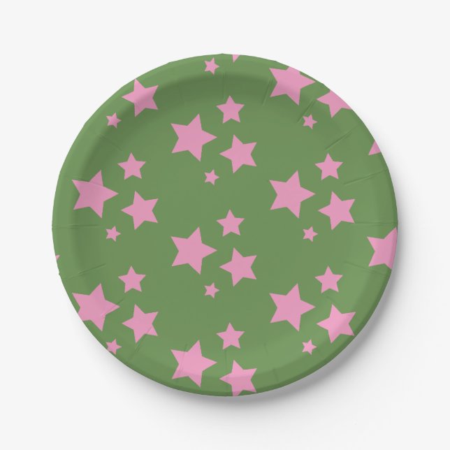 Pink Green Stars Kids Baby Circus Party Paper Plate (Front)