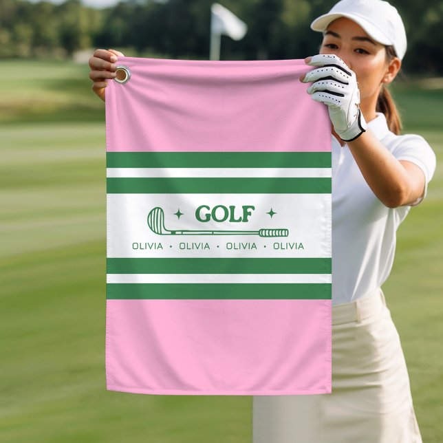 Pink & Green Striped personalised retro gift Golf Towel (Creator Uploaded)
