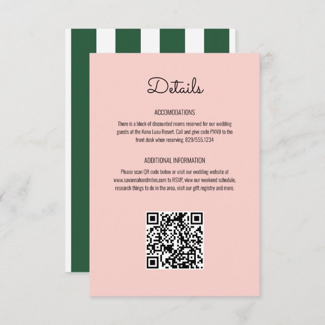 Pink & Green Stripes Beverly Hills Hotel Wedding  Enclosure Card (Front/Back)