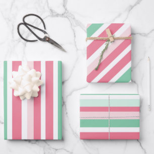 Pink Green Stripes Christmas Wrapping Paper Sheet