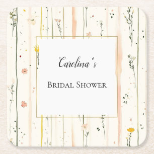 Pink Green Stripes Flowers Bridal Shower Square Paper Coaster