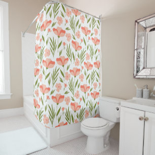 Pink Green Summer Flowers Foliage Pattern Shower Curtain