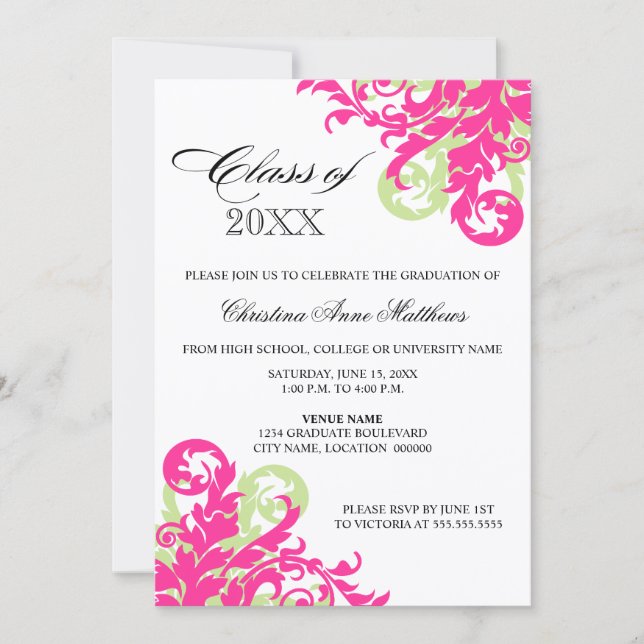 Pink Green Swirl Graduation Announcement (Front)