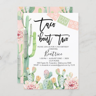 Pink Green Taco Bout Two 2nd Birthday Invitation