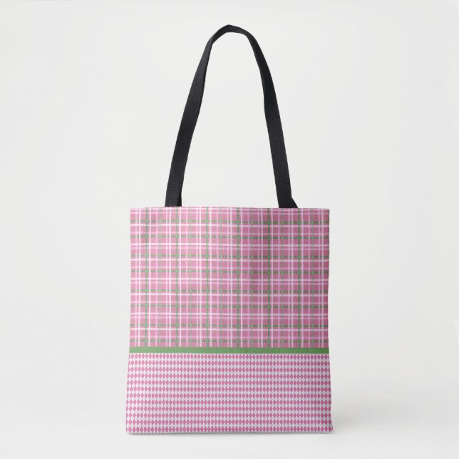 Pink & Green Tartan Plaid and Pink & White Argyle Tote Bag (Front)