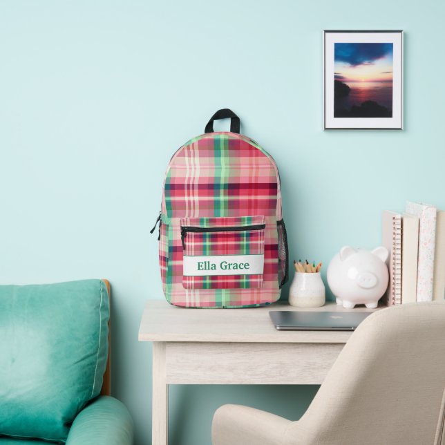 Pink Green Tartan Plaid Printed Backpack (Insitu)