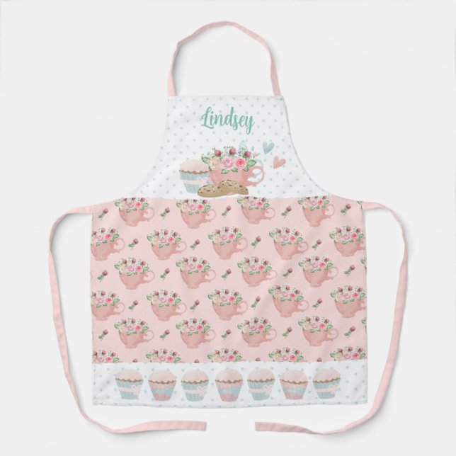 Pink & Green Tea and Cupcakes Personalised Apron (Front)