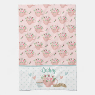 Pink & Green Tea and Cupcakes Personalised Tea Towel