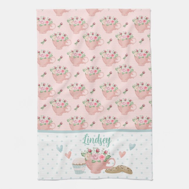 Pink & Green Tea and Cupcakes Personalised   Towel (Vertical)