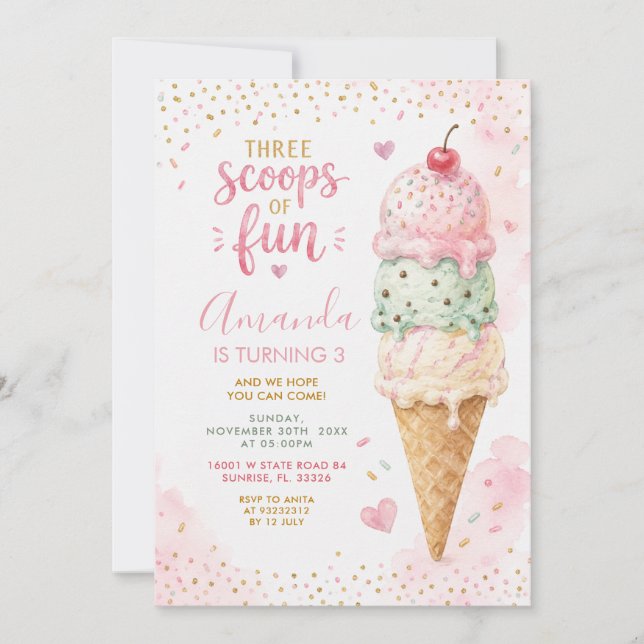 Pink Green Three Scoops Of Fun 3rd Birthday Party Invitation (Front)
