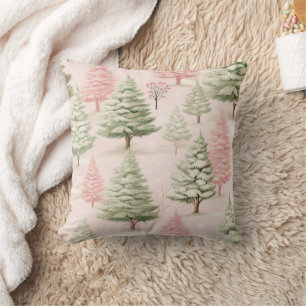 Pink Green Trees Christmas Holiday Cushion