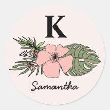 Pink & Green Trendy Tropical Leaves Monogram