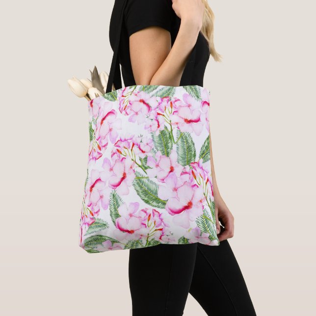 Pink Green Tropical Botanical Oasis Leaves Floral Tote Bag (Close Up)