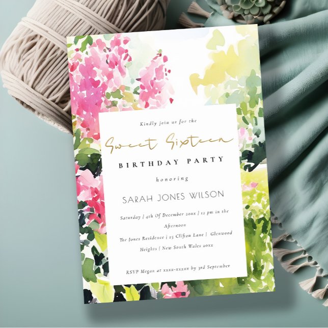 Pink Green Tropical Bougainvillea 16th Birthday Invitation (Creator Uploaded)