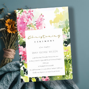 Pink Green Tropical Bougainvillea Christening Invitation