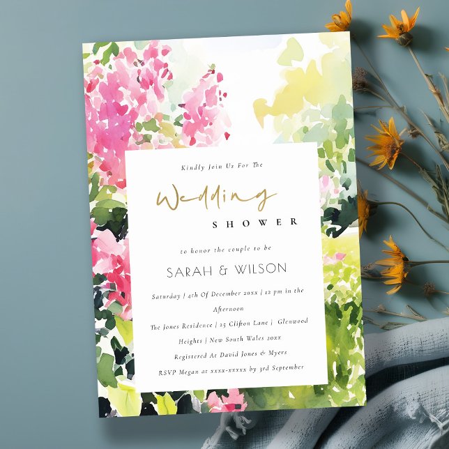 Pink Green Tropical Bougainvillea Wedding Shower Invitation (Creator Uploaded)