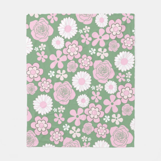 Pink Green Tropical Floral Botanical Spring Summer Fleece Blanket (Front)