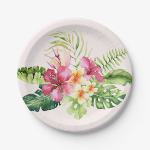 Pink Green Tropical Flowers Paper Plates, 7" Plate